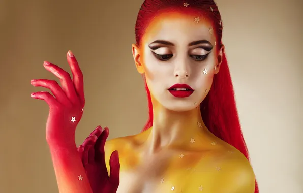 Картинка девушка, ресницы, модель, руки, макияж, красные волосы