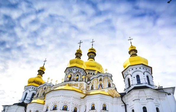 Небо, церковь, Украина, религия, купола, Киев, Печерская Лавра, Успенский собор
