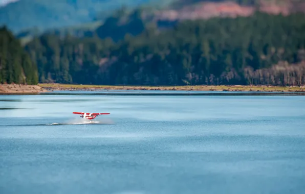 Mountains, lake, bokeh, plane, floatplane