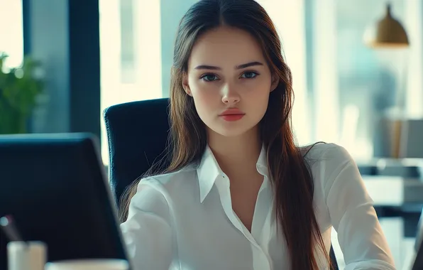 Девушка, свет, стол, работа, кресло, макияж, брюнетка, окно