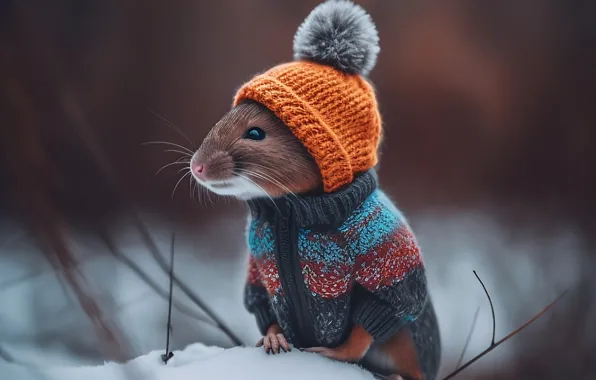 Зима, снег, мышь, мышка, крыса, шапочка, свитер, грызун