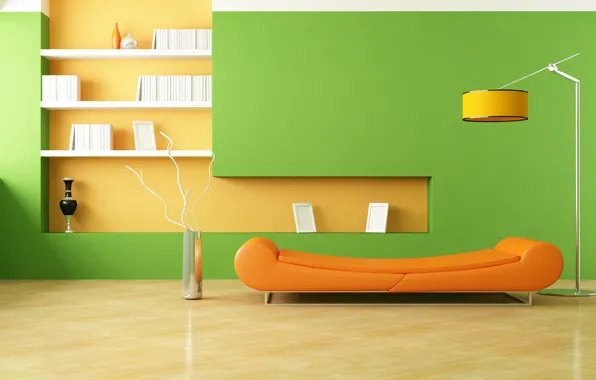 Картинка оранжевый, дизайн, стиль, комната, диван, лампа, интерьер, минимализм
