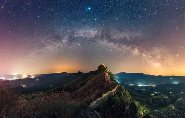 Небо, звезды, пейзаж, горы, ночь, млечный путь, китайская стена
