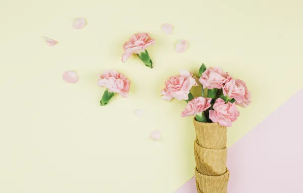 Желтый, розовые, pink, гвоздики, вафельный рожок