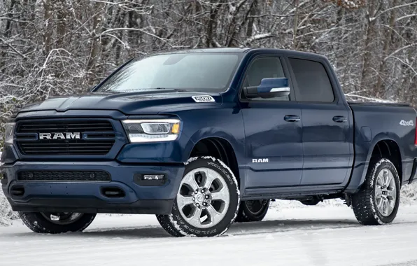 Лес, снег, синий, Додж, Dodge, пикап, Dodge Ram 1500, Big Horn