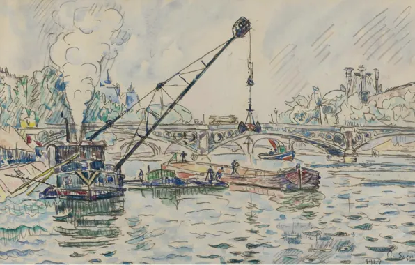 Картинка Порт Каррузель, Поль Синьяк, Paul Signac, рисунок, акварель, 1927