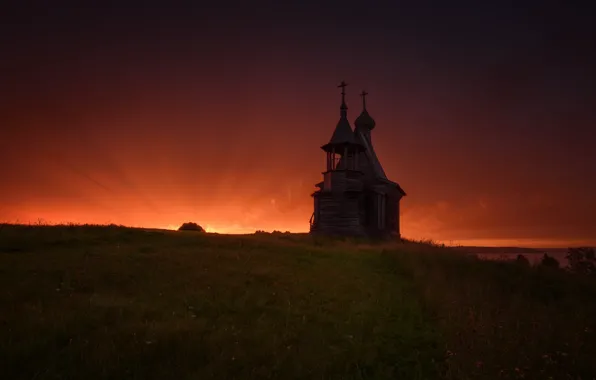 Поле, закат, церковь, деревянное зодчество