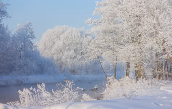 Зима, снег, река, мороз, снежно