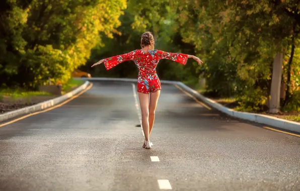 Картинка girl, road, dress, legs, trees, brown hair, photo, photographer