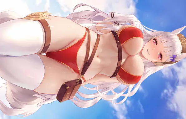 Girl, sexy, cleavage, thighhighs, sky, long hair, legs, hat