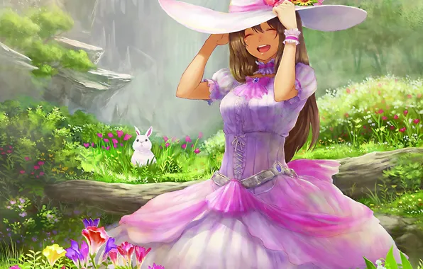Картинка белый, девушка, радость, цветы, эмоции, заяц, шляпа, кролик
