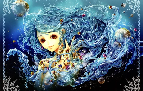 Картинка взгляд, вода, девушка, украшения, аниме, арт, Tukiji Nao