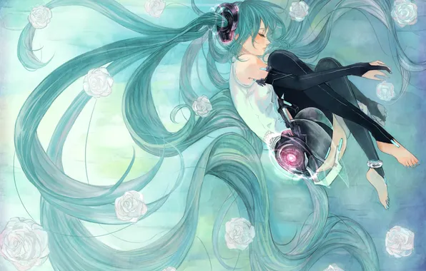 Девушка, цветы, розы, арт, Hatsune Miku, Vocaloid, Вокалоид, miku append