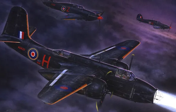 Ночь, рисунок, арт, штурмовик, Douglas A-20 Havoc, лёгкий бомбардировщик и ночной истребитель, Хэвок Mk II, …