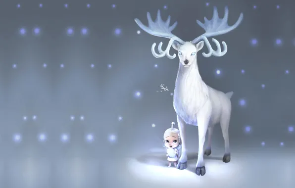 Зима, снег, олень, фэнтези, арт, детская, ji chang chol, Deer with baby