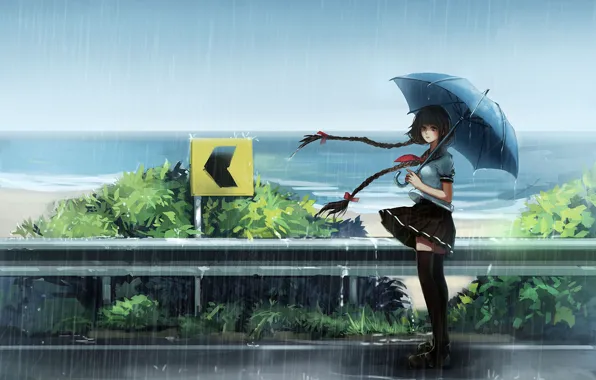 Girl, sea, umbrella, anime, asian, japanese, asiatic, uniform