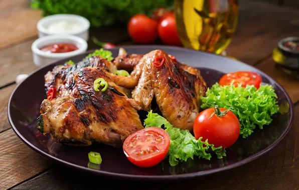 Вкуснятина, крылышки, помидоры, салат, гриль