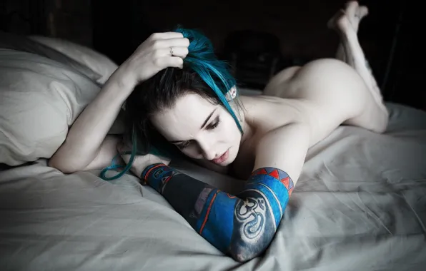 Ass, model, tattoo, women, nude, brunette, bed, in bed