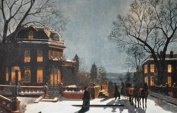 Картинка зима, коттедж, Манхэттен, особняк, Гудзон, View from Upper Manhattan across the Hudson River, Samuel S. …