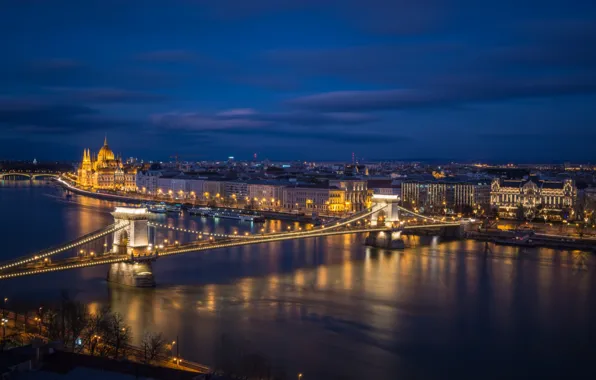 Ночь, мост, огни, река, парламент, Венгрия, Будапешт