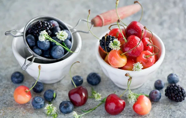 Картинка лето, ягоды, черника, посуда, черешня, ежевика, Anna Verdina