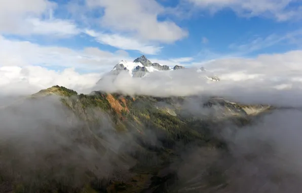 Облака, пейзаж, туман, гора, landscape, clouds, mountain, snow