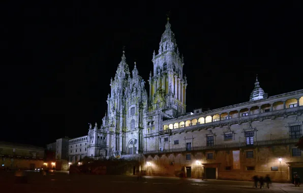 Ночь, огни, площадь, собор, Испания
