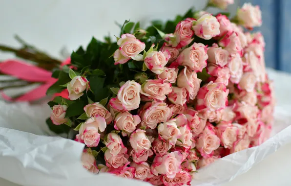 Цветы, бумага, фон, розы, букет, светлый, лежит, розовые