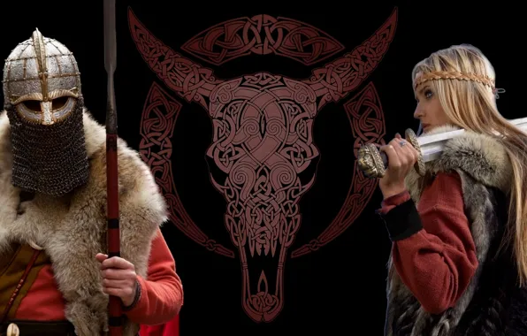 Девушка, Блондинка, Узор, Мех, Меч, Воин, Воительница, Чёрный фон
