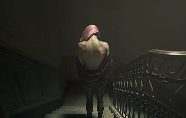 Girl, pink hair, woman, mood, tattoo, back, female, stairs