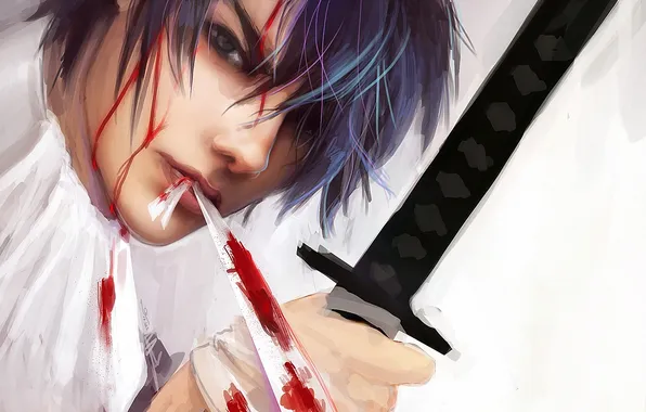 Картинка кровь, катана, арт, парень, Hijikata Toshiro