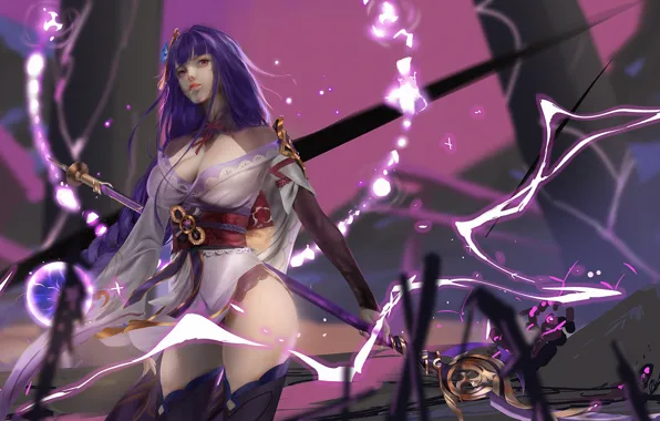 Девушка, молнии, фэнтези, посох, Genshin Impact, Raiden Shogun, by YDIYA