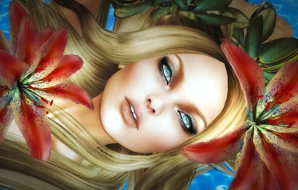 Картинка девушка, цветы, лицо, волосы, лилии