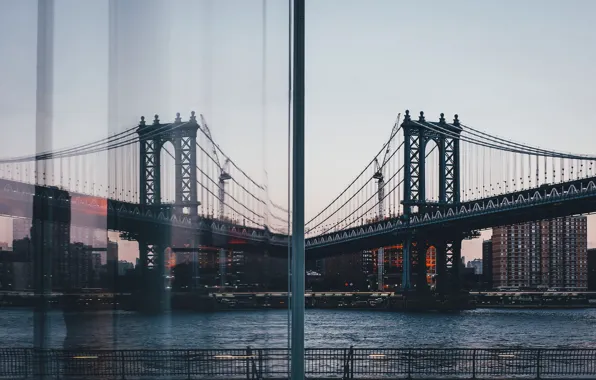 Картинка мост, город, отражение, окно, США, Нью Йорк