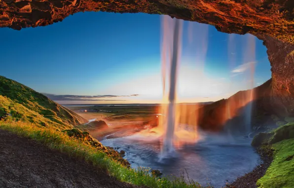 Картинка закат, водопад, вечер, Исландия, Селйяландсфосс, seljalandsfoss