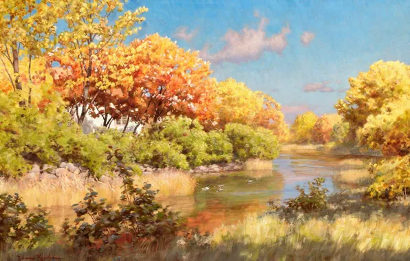 Картинка осень, небо, вода, облака, деревья, пейзаж, река, утки