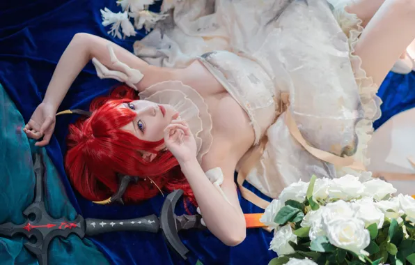 Оружие, азиатка, red hair, красивая девушка, вид сверху, большая грудь, косплей, cosplay