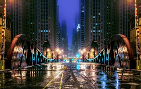 Картинка дорога, вода, отражения, ночь, мост, город, огни, улица