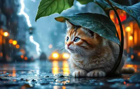 Дорога, гроза, кошка, взгляд, листья, ночь, огни, поза