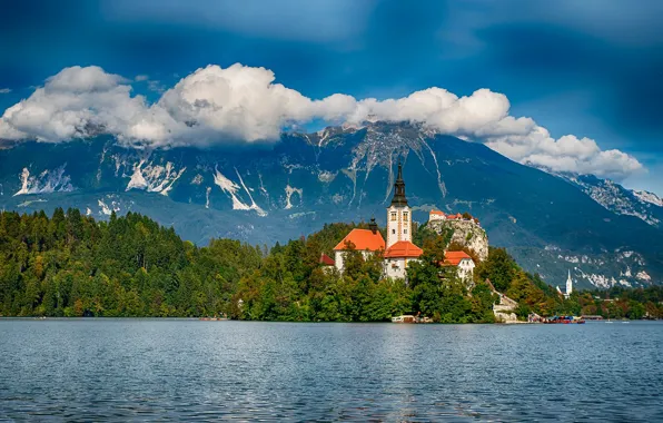 Картинка лес, облака, горы, озеро, остров, Словения, Lake Bled, Slovenia