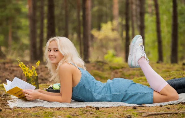 Forest, hot girl, trees, field, nature, model, book, outside