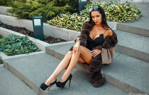 Model, Heels, Cleavage, Sunglasses, Dmitry Filatoff, On The Steps, Fur Wrap
