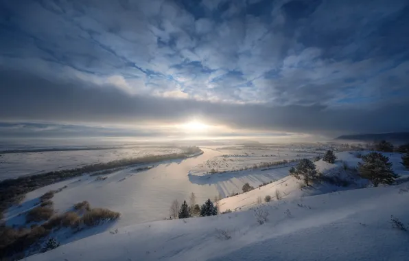 Картинка зима, солнце, облака, пейзаж, природа, река, рассвет, утро