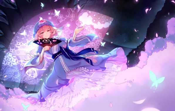 Девушка, платье, веер, touhou, anime, art, saigyouji yuyuko, wu