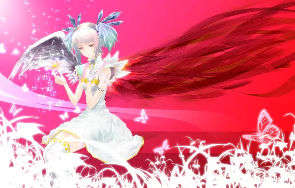 Картинка девушка, цветы, бабочка, крылья, аниме, арт, кристаллы, nanami sora