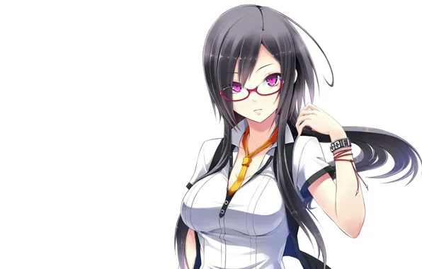 Брюнетка, очки, галстук, белый фон, блузка, браслет, длинные волосы