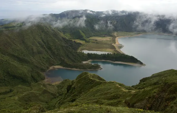 Пейзаж, горы, природа, озеро, сверху, Португалия, Azores