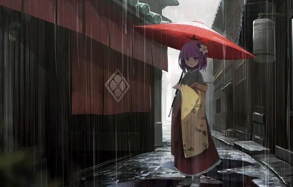 Girl, rain, dress, umbrella, anime, street, houses, Touhou