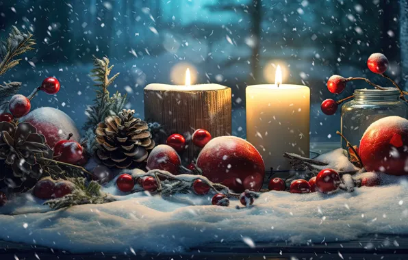 Картинка зима, снег, украшения, ночь, ягоды, свечи, Новый Год, Рождество