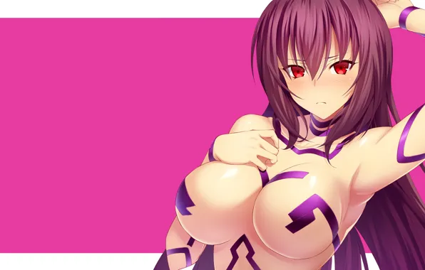Girl, sexy, long hair, boobs, anime, beautiful, red eyes, pretty